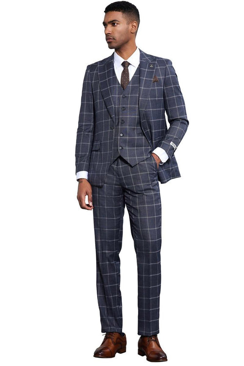 Stacy Adams men's charcoal grey suit with windowpane pattern. Features a fitted, one-button jacket, three-button vest, and high-waisted, slim-fit trousers. Sophisticated and tailored appearance.