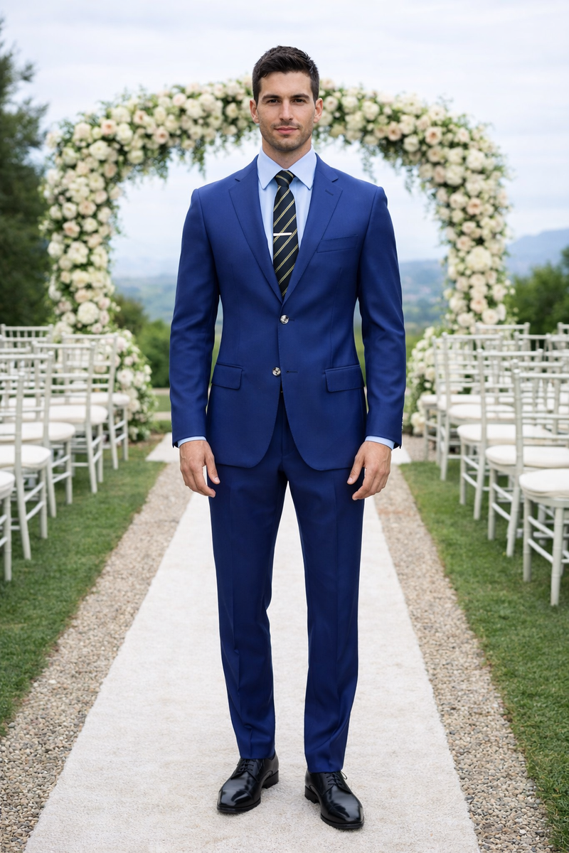Galante Uomo blue suit by Albertonardoni: single-breasted blazer, notched lapels, two buttons, straight trousers. Smooth, vibrant blue fabric. Light blue shirt, striped tie. Structured shoulders, slim silhouette.