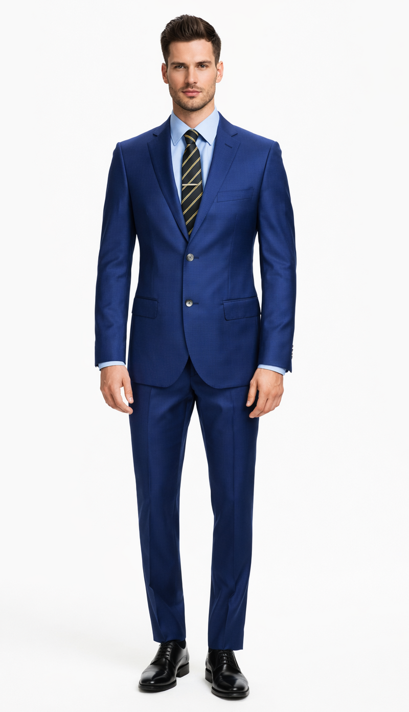 Blue tailored suit with single-breasted design, smooth fabric, notch lapel, two front pockets, and subtle check pattern. Includes matching trousers.