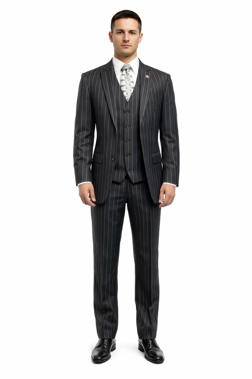 Gangster Suit - Mobster Suit - Mafia Suit For Mens 2 Button Gangster Pinstripe Suit in Black