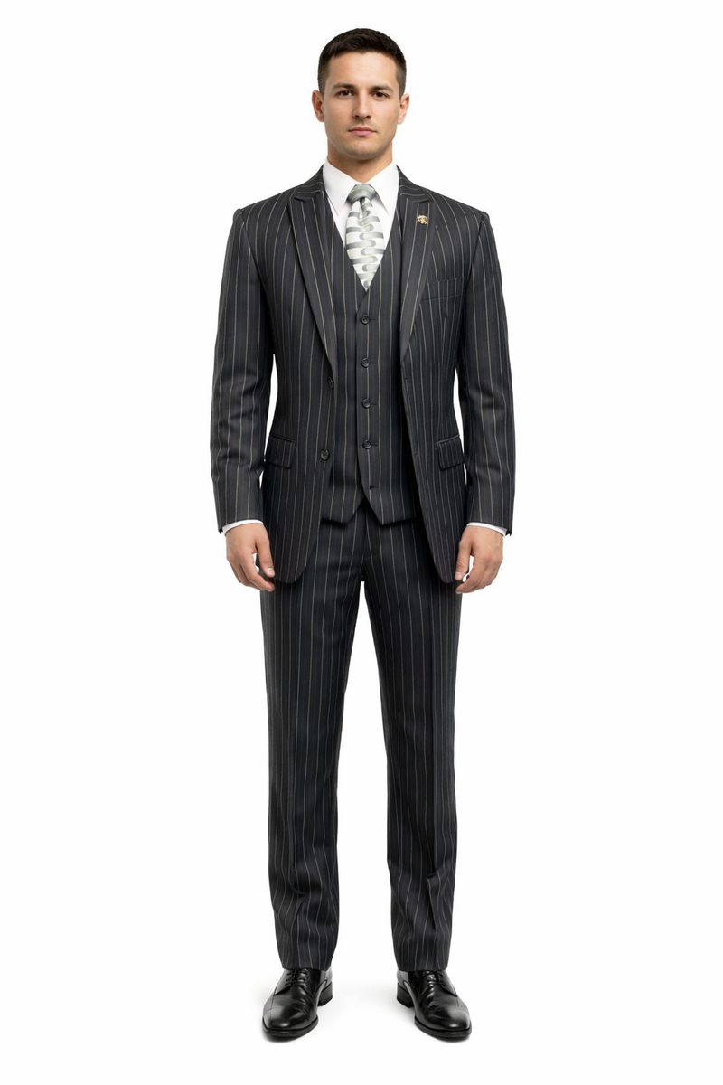 Gangster Suit - Mobster Suit - Mafia Suit For Mens 2 Button Gangster Pinstripe Suit in Black