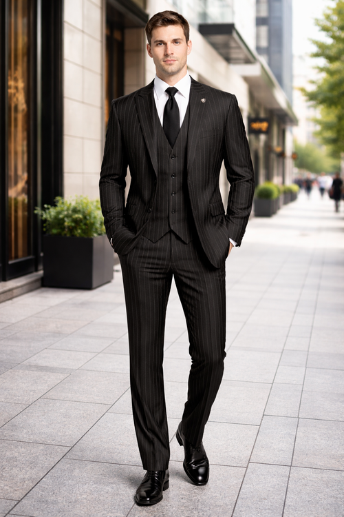 Gangster Suit - Mobster Suit - Mafia Suit For Mens 2 Button Gangster Pinstripe Suit in Black