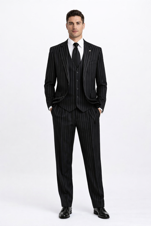 Gangster Suit - Mobster Suit - Mafia Suit For Mens 2 Button Gangster Pinstripe Suit in Black