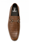 Men's brown slip-ons with croc-textured upper, metallic bit detail, and rounded toe. Black lining, flat, robust sole. Slightly elevated heel.