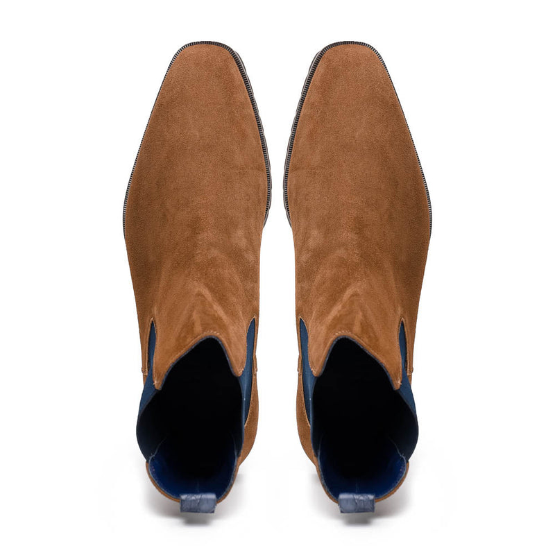 Zelli Gianna Suede Chelsea Boots in Cognac with Flexible Navy Goring