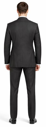 Giorgio Fiorelli suit: Charcoal and light gray, two-button, structured fit with a tailored silhouette. Smooth fabric, likely formal blend. Jacket: sleek. Trousers: straight-cut, uniform style.