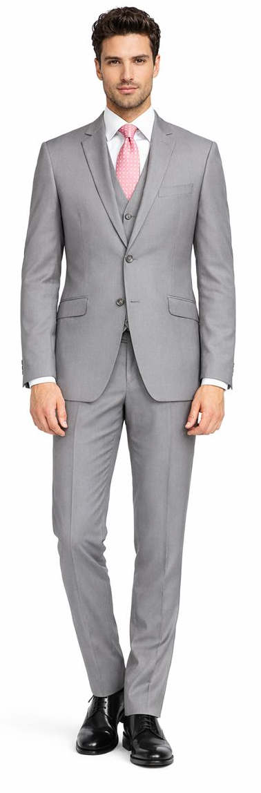 Giorgio Fiorelli charcoal/light gray two-button suit: tailored fit, structured blazer, matching trousers, and visible vest. Smooth, finely woven fabric with subtle sheen. Classic notch lapel. Three-piece ensemble.