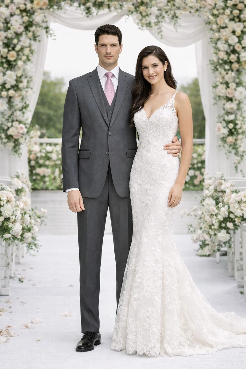 Giorgio Fiorelli charcoal gray suit. Tailored fit, structured silhouette. Notch lapel, two front pockets, single vent. Slim-fit pants. Classic, sophisticated, with lighter gray accents. Fine, smooth fabric.
