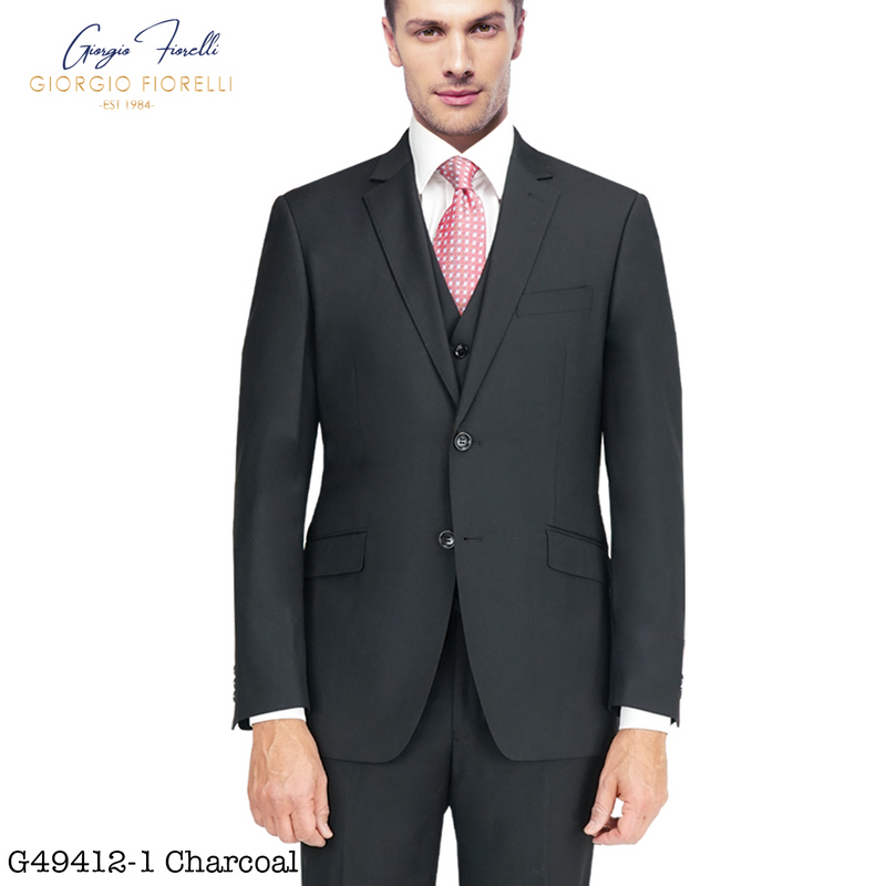 Giorgio Fiorelli charcoal gray two-button suit with light gray vest. Tailored fit, structured shoulders, V-shaped lapel. Includes jacket (two pockets, single vent) and three-button vest. Features a white shirt and pink patterned tie.