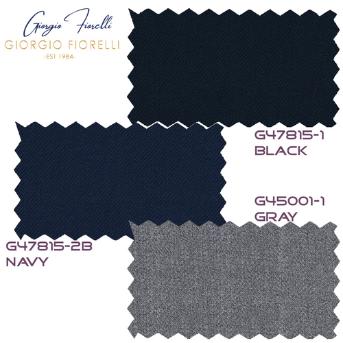 Three fabric swatches: textured black (G47815-1), dark navy (G47815-2B), and light gray (G45001-1). All feature zigzag edges.