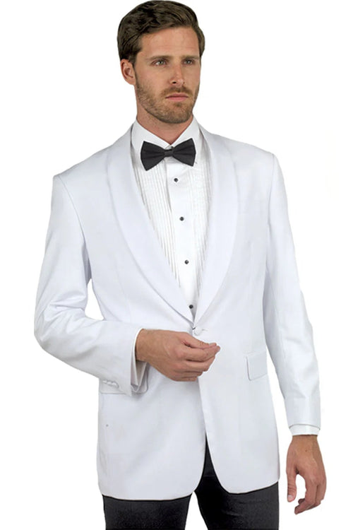 A white dinner jacket features a classic tailored design with a peak lapel, single-button closure, and two front pockets. The fabric appears smooth and is predominantly white.