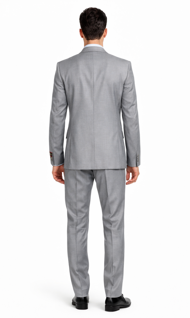 Giorgio Fiorelli grey vest by Albertonardoni. Two-button, streamlined cut with smooth grey fabric. Tailored fit enhances silhouette. Minimalist design: clean back, no pockets.