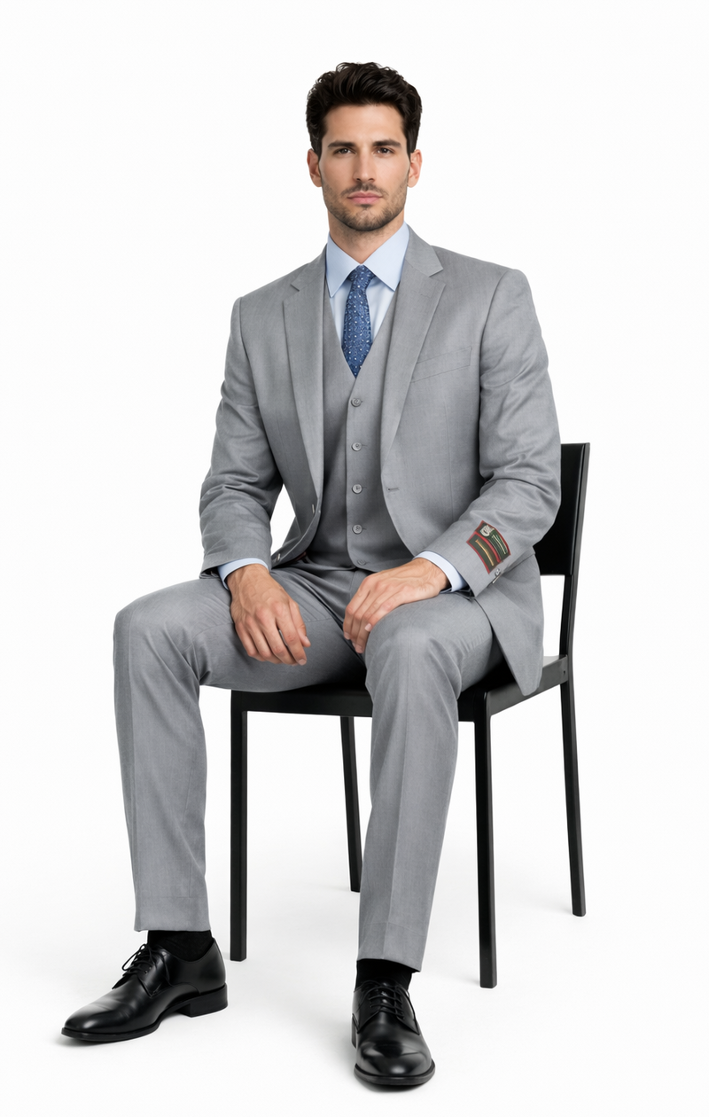 Giorgio Fiorelli grey vest by Albertonardoni. Fitted, light grey fabric, two-button closure, notch lapel, and three front pockets. Classic and conventional design.