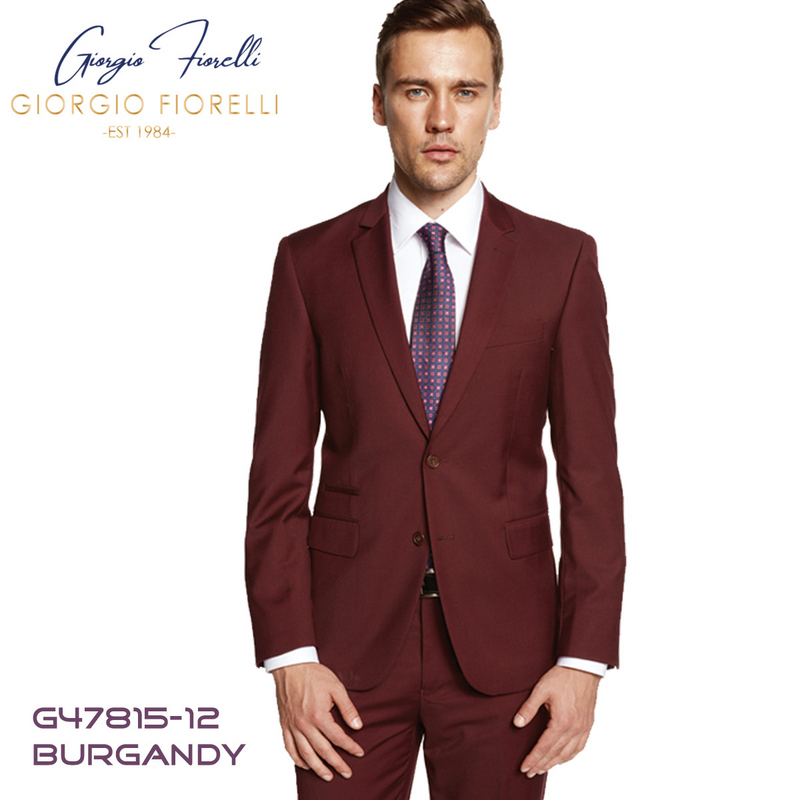 Giorgio Fiorelli burgundy suit: tailored fit, two-button, notch lapels, side pockets, single-breasted. Smooth fabric, matching trousers. Classic style.