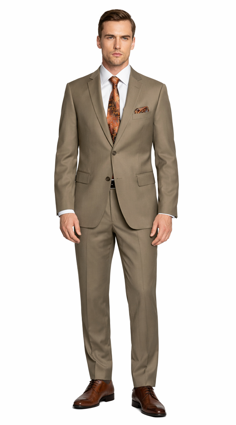 Giorgio Fiorelli camel beige suit: tailored fit, single-breasted, notched lapels, two pockets. Includes matching trousers. Smooth, structured fabric for a formal look.