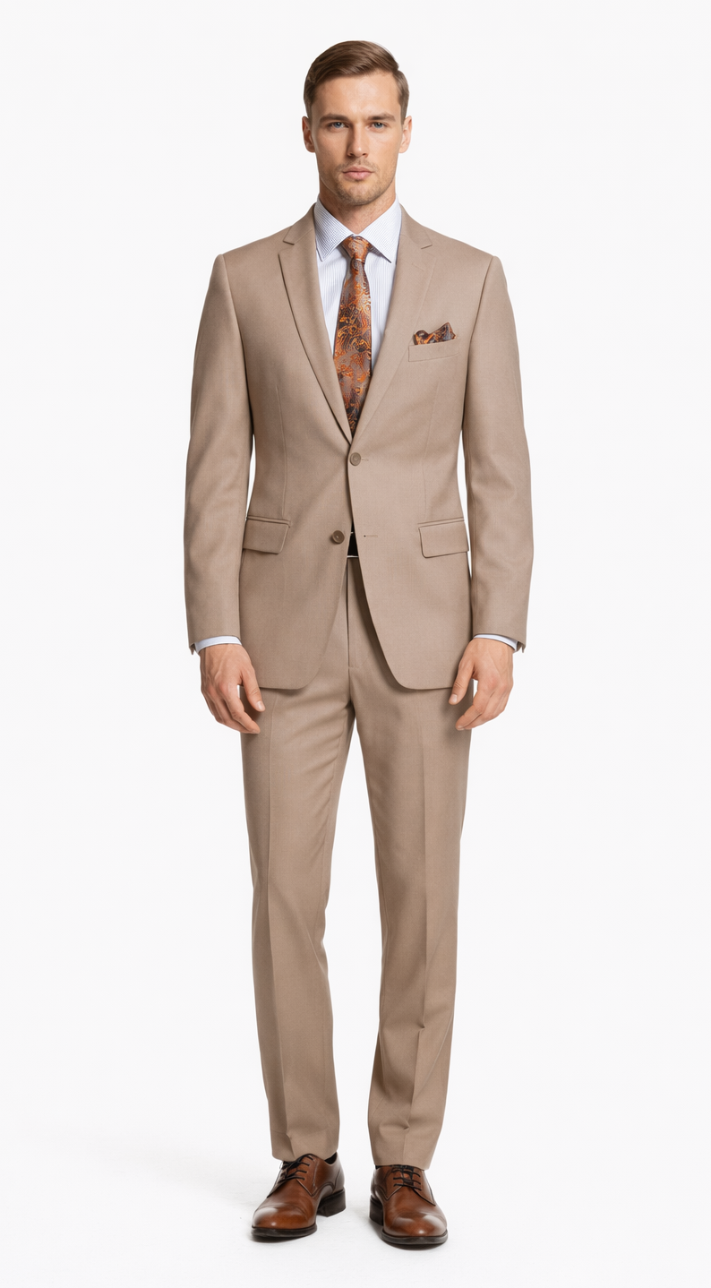 Giorgio Fiorelli camel beige suit: tailored two-button jacket with notched lapels & pockets, paired with straight-leg trousers. Classic, refined style.