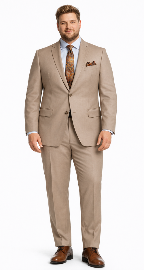 Giorgio Fiorelli camel beige suit: smooth fabric, two-button jacket with notched lapel and pockets, structured silhouette. Straight-fit trousers, uniform color. Sleek, tailored, contemporary design.