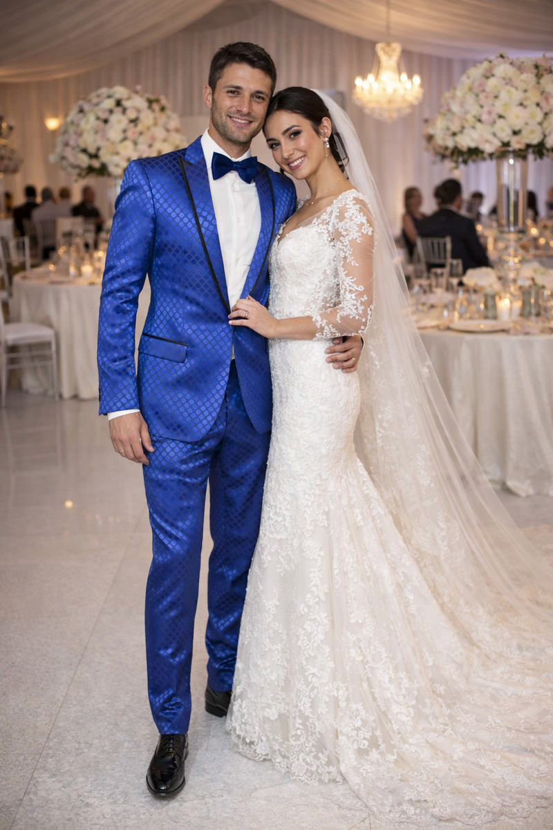 Navy checkered slim-fit tuxedo by Albertonardoni. Structured, tailored fit with subtle checkered pattern. Single-breasted jacket with black lapels, straight-cut trousers. Lightweight material, ideal for formal wear.