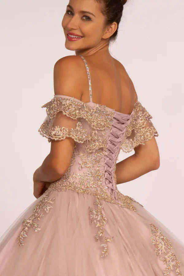 Off Shoulder QuinceaƱera Ball Gown Embroidered Lace-Up Back Floor Length by Elizabeth K GL2510