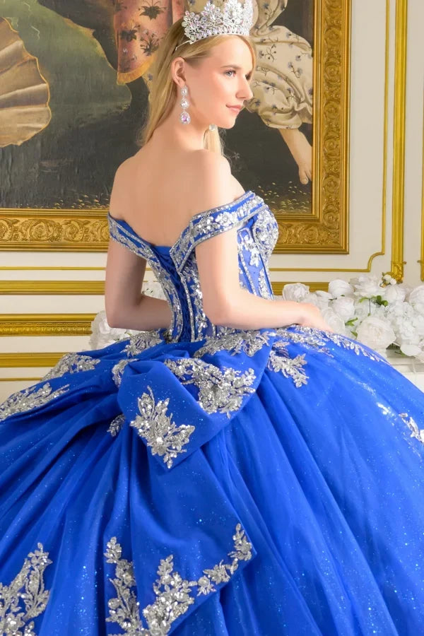 Royal Blue/Silver Off-Shoulder Sweetheart Beaded Glitter Ball Gown with Bow by Elizabeth K GL3672