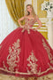 Off-Shoulder Sweetheart Beaded Lace Appliqué Ball Gown in Burgundy/Gold by Elizabeth K GL3673