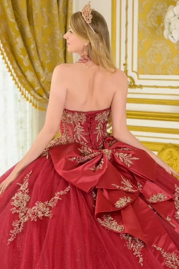 Strapless Beaded QuinceaƱera Ball Gown in Burgundy with Corset Back & Train by Elizabeth K GL3675