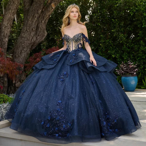 Navy Off-Shoulder Sweetheart Dress with Floral Applique, Beading & Tulle by Elizabeth K GL3676