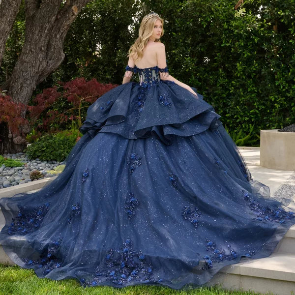 Navy Off-Shoulder Sweetheart Dress with Floral Applique, Beading & Tulle by Elizabeth K GL3676