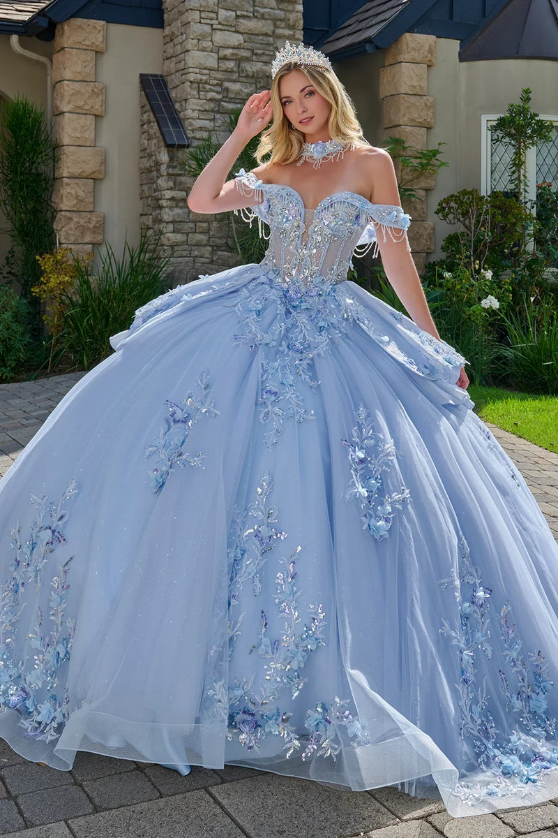 Off-Shoulder Light Blue Corset Bodice Floral AppliquƩ Gown QuinceaƱera Dress by Elizabeth K GL3720