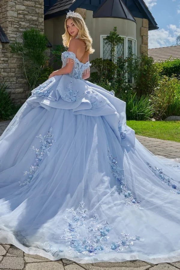 Off-Shoulder Light Blue Corset Bodice Floral AppliquƩ Gown QuinceaƱera Dress by Elizabeth K GL3720