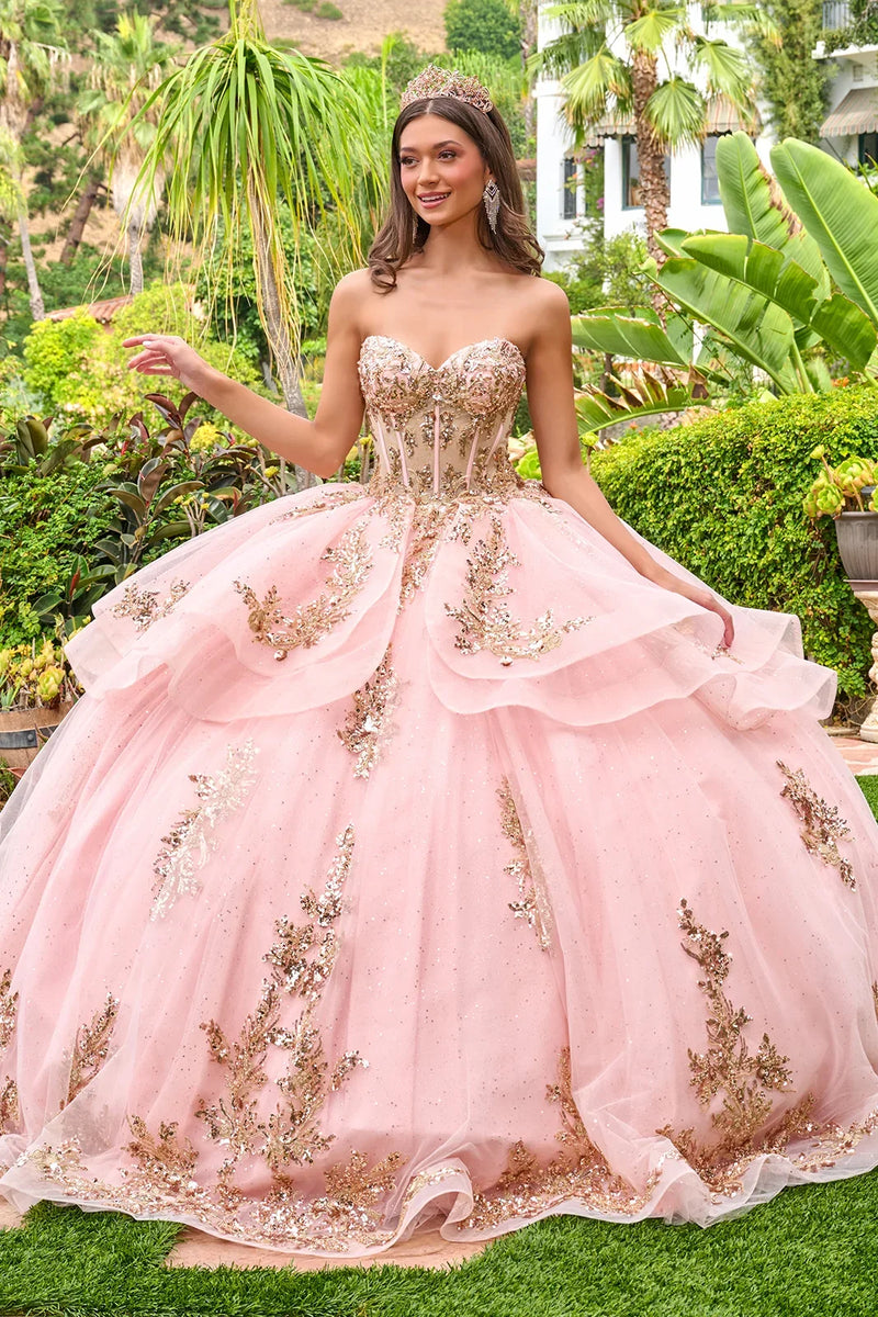 Strapless Sweetheart Illusion Corset Bodice Sequin Appliqué Layered Ball Gown by Elizabeth K GL3724