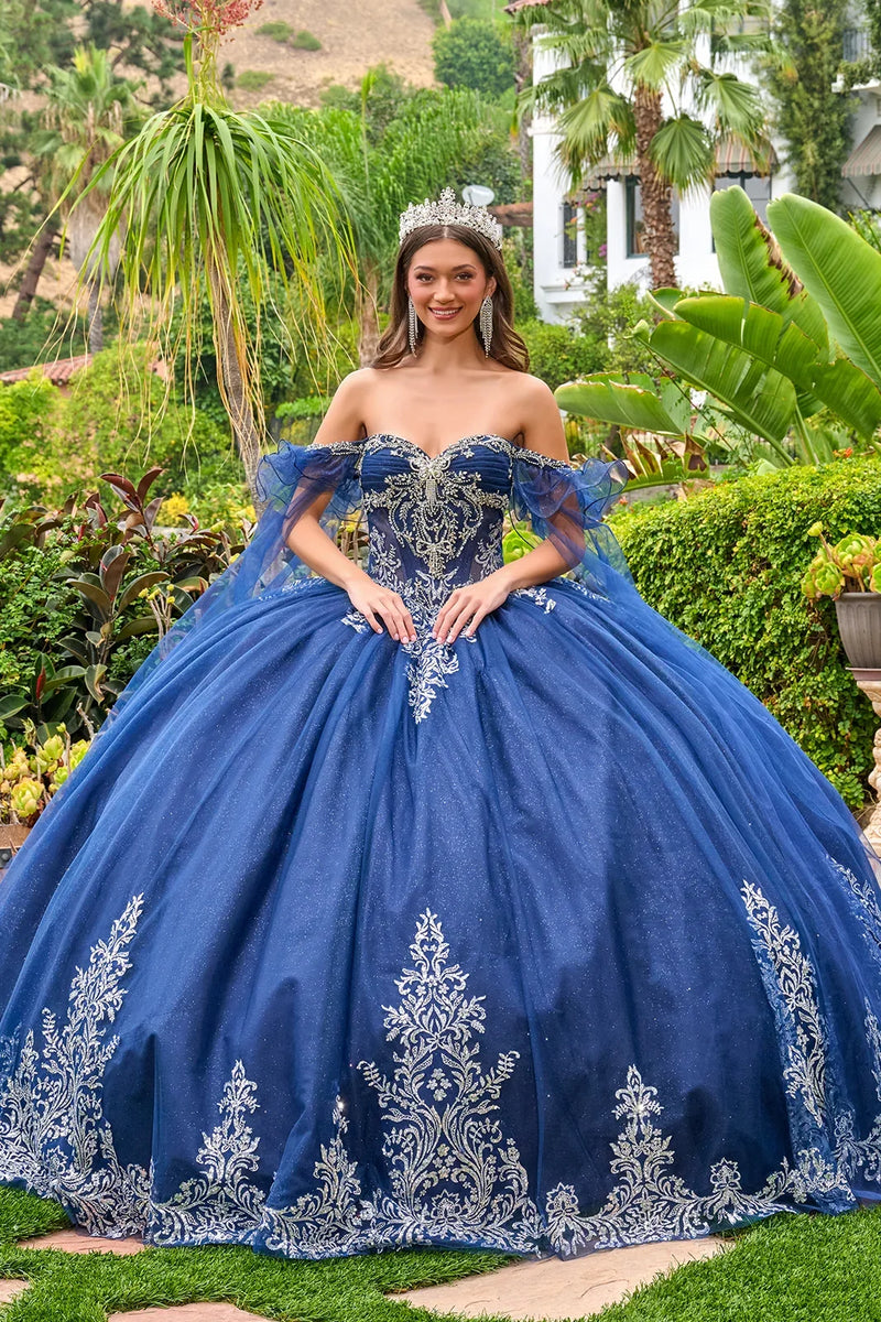 Off-The-Shoulder Ruffle Cape Sleeve Beaded Corset Sweetheart Ball Gown by Elizabeth K GL3752