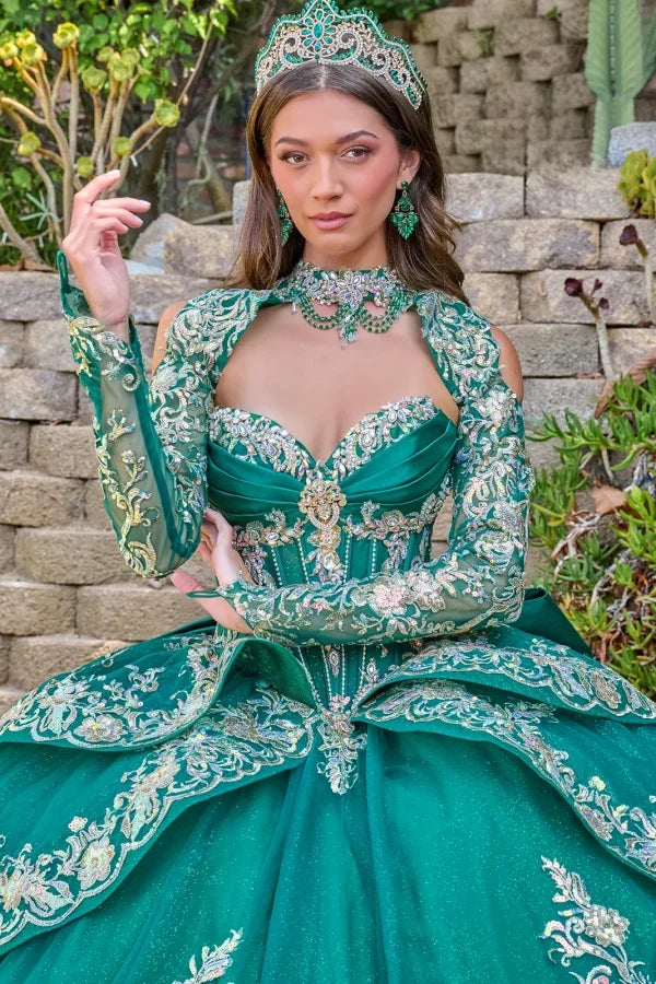 Strapless Beaded Tulle Dress with Detachable Sleeves Gown in Emerald Green by Elizabeth K GL3800