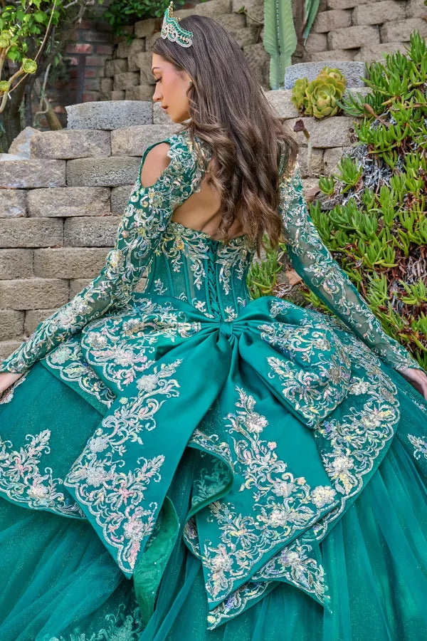 Strapless Beaded Tulle Dress with Detachable Sleeves Gown in Emerald Green by Elizabeth K GL3800