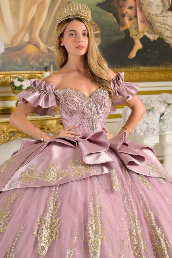Off-Shoulder Satin Corset Dress with Lace Appliqué and Ruffle Sleeves by Elizabeth K GL3803