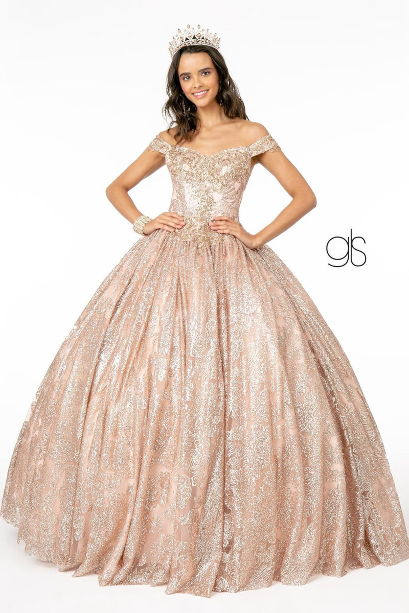 Glitter Print Off Shoulder Gown by Elizabeth KGL1820