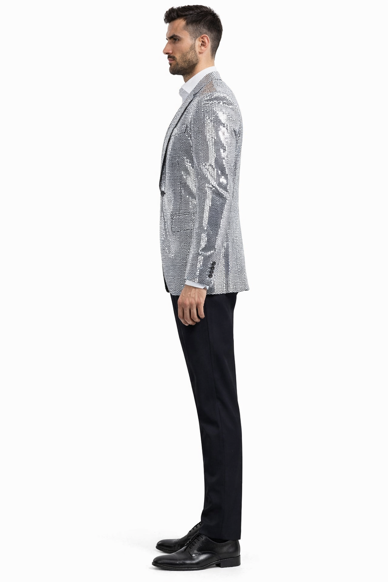 Glitter Tuxedo Dinner Jacket - Sequin Blazer - Sliver Flashy Stage Sport Coat By Alberto Nardoni