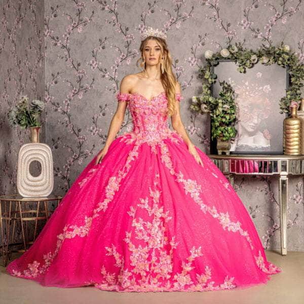 Off Shoulder QuinceaƱera Ball Gown Glitter Tulle Floral Sweetheart Dress by GLS Gloria GL3469