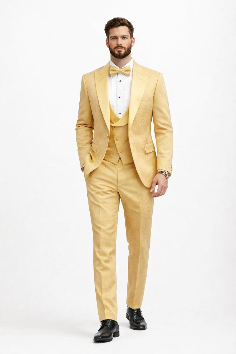Men's Designer Vested Tonal Paisley Wedding & Prom Tuxedo in Gold