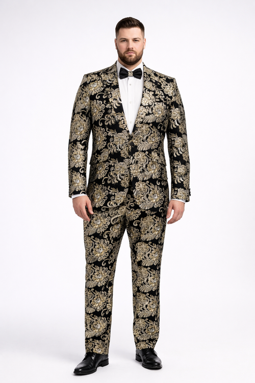 Gold Tuxedos - Paisley Suits - Prom 2026 Suits - Wedding Tuxedos Suits - Groom Suit Black