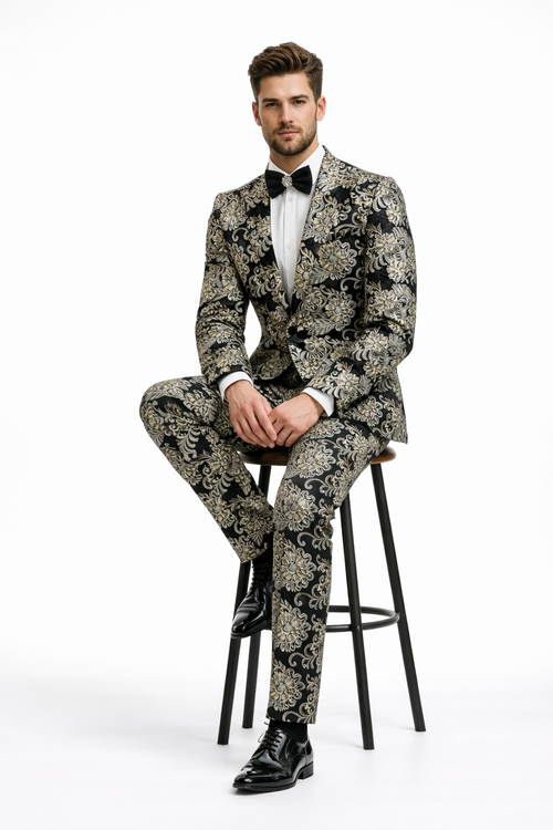 Gold Tuxedos - Paisley Suits - Prom 2026 Suits - Wedding Tuxedos Suits - Groom Suit Black