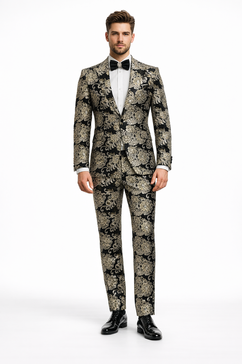 Gold Tuxedos - Paisley Suits - Prom 2026 Suits - Wedding Tuxedos Suits - Groom Suit Black