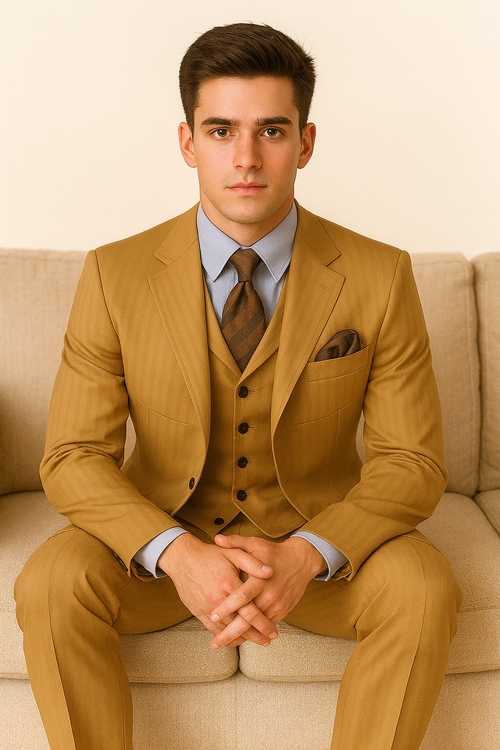 Mens 4 button Semi Wide Leg Shiny Tonal Stripe Fashion Gold Suit