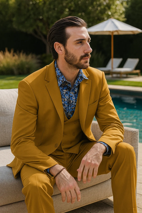 Gold men's suit with double-breasted vest and two-button peak lapel. Fitted design with a solid gold hue. Includes matching vest and tailored pants, paired with a patterned blue shirt.