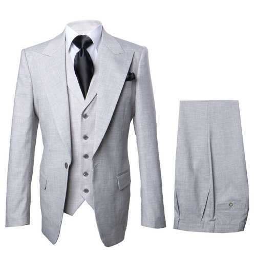 Grey three-piece suit: classic fit. One-button blazer, five-button vest, & wide-leg pleated pants. Made of 100% wool.