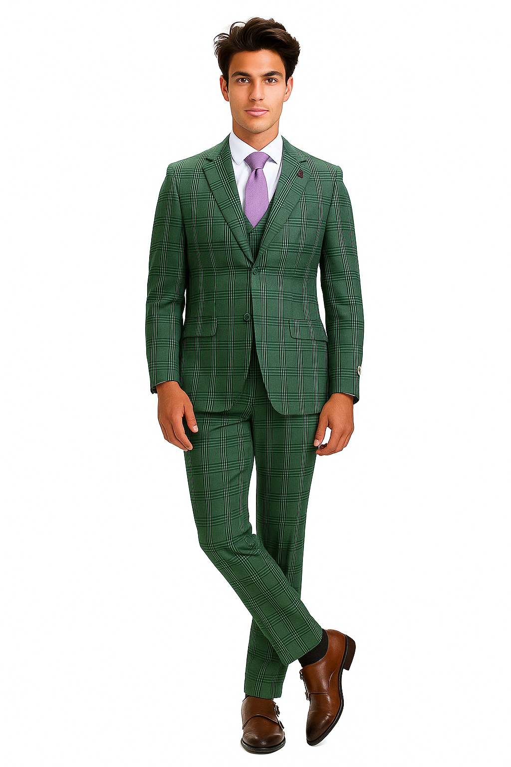 Stacy Adams - Hybrid Fit Plaid 3 Piece Green Suit