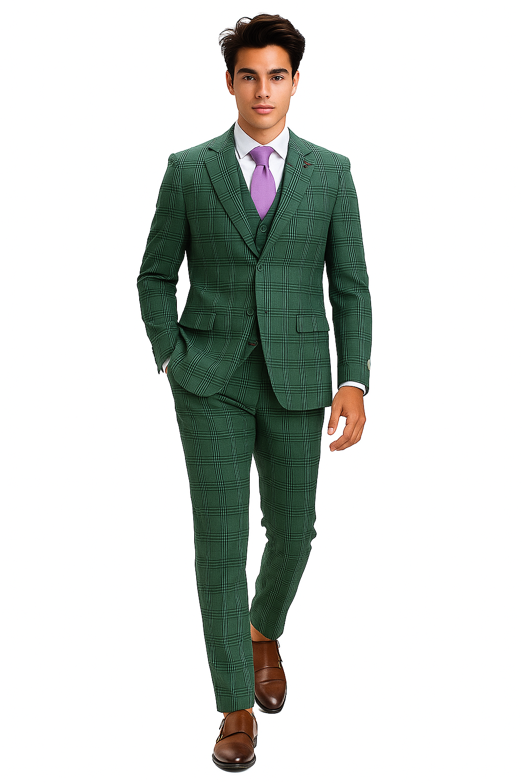 Stacy Adams - Hybrid Fit Plaid 3 Piece Green Suit