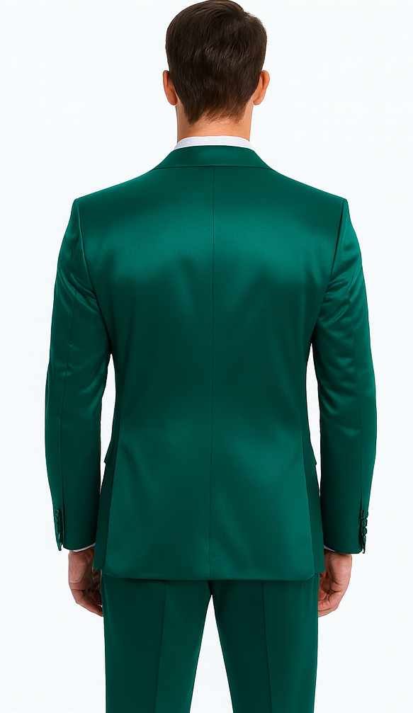 Tazzio men's green satin 3-piece suit. Slim fit, peak lapel, and double-breasted vest. Shiny, structured jacket.