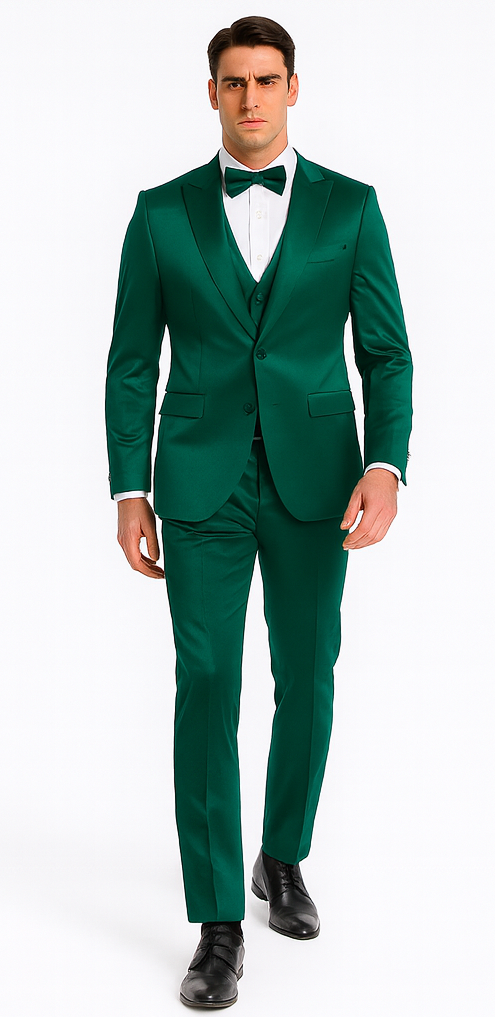 Tazzio men's green satin three-piece slim fit suit. Peak lapel, double-breasted vest, fitted jacket, tailored trousers. Shiny finish, two pockets, green bow tie.