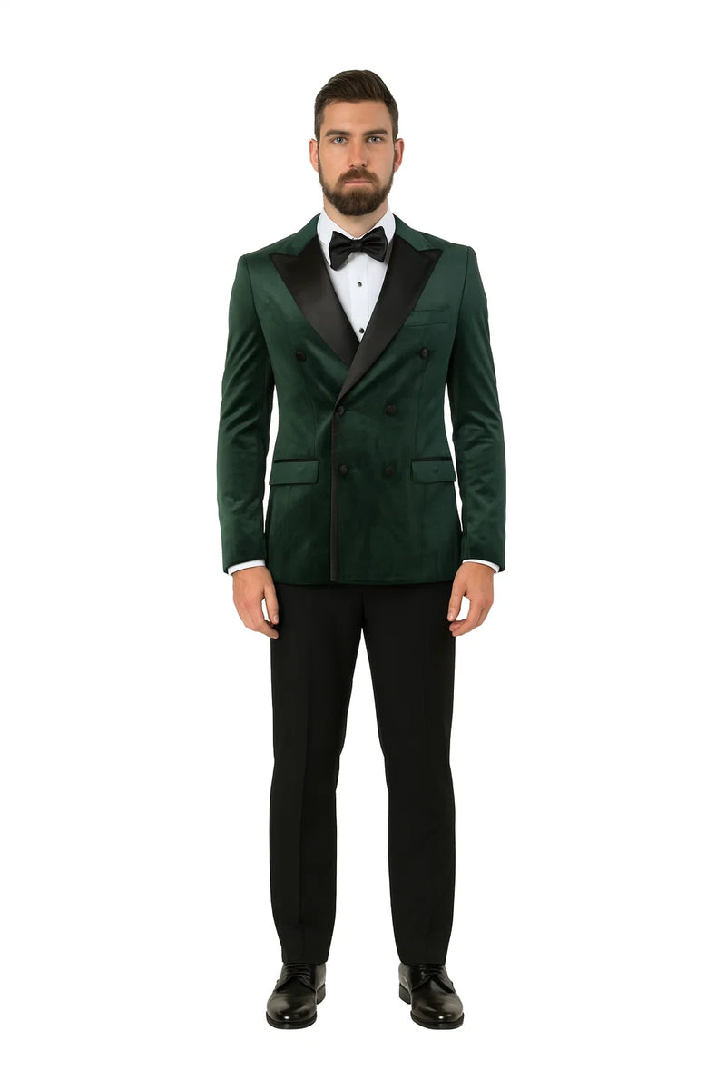 Alberto Nardoni green velvet tuxedo jacket. Double-breasted, structured silhouette. Black satin lapel, two pockets. Plush texture, tailored waist.